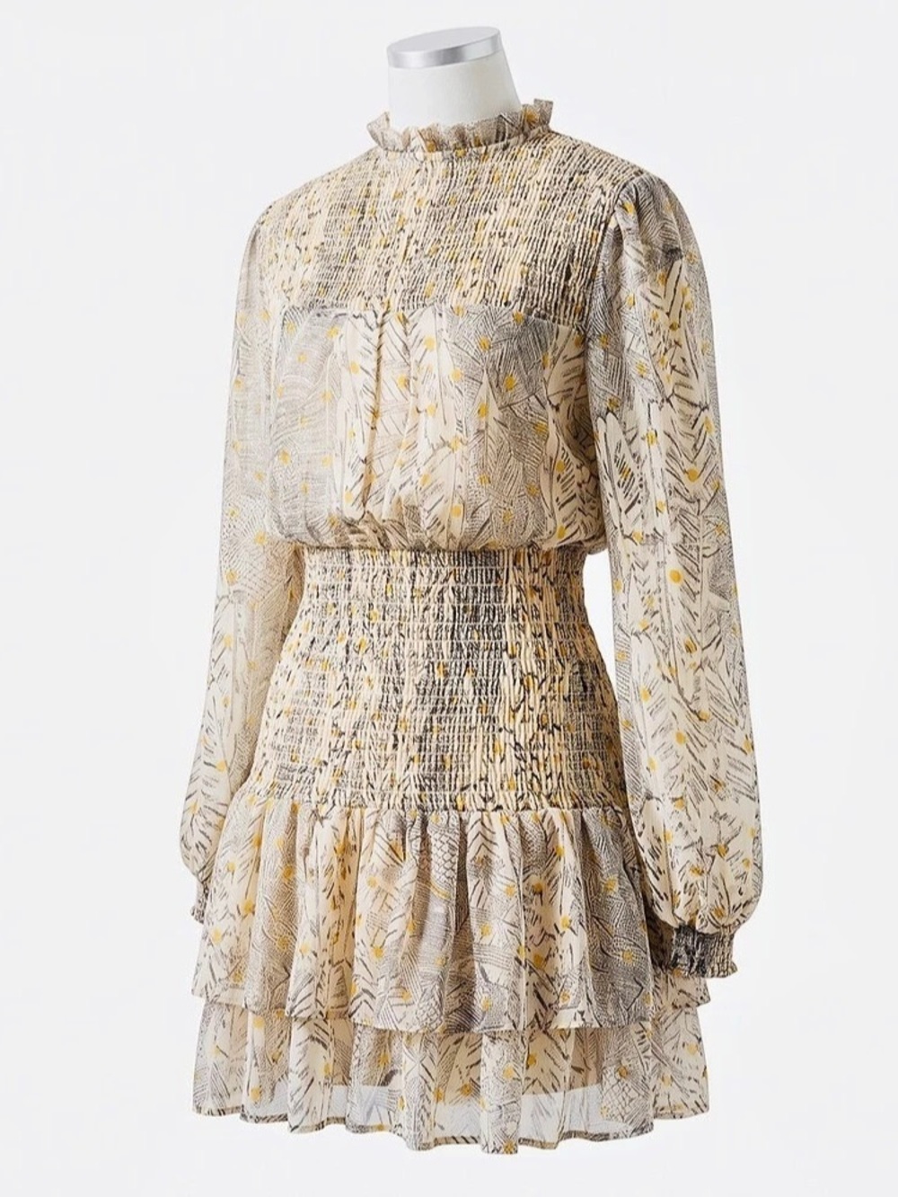 Aqua Floral Smocked Mini Dress in Ivory with Metallic Gold Accents - XS, New